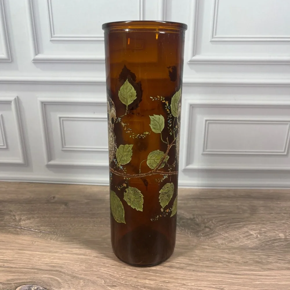 Vintage 1970's Amber Glass Hurricane 9 in Candle Holder Brown Owl Hand Empty MCM